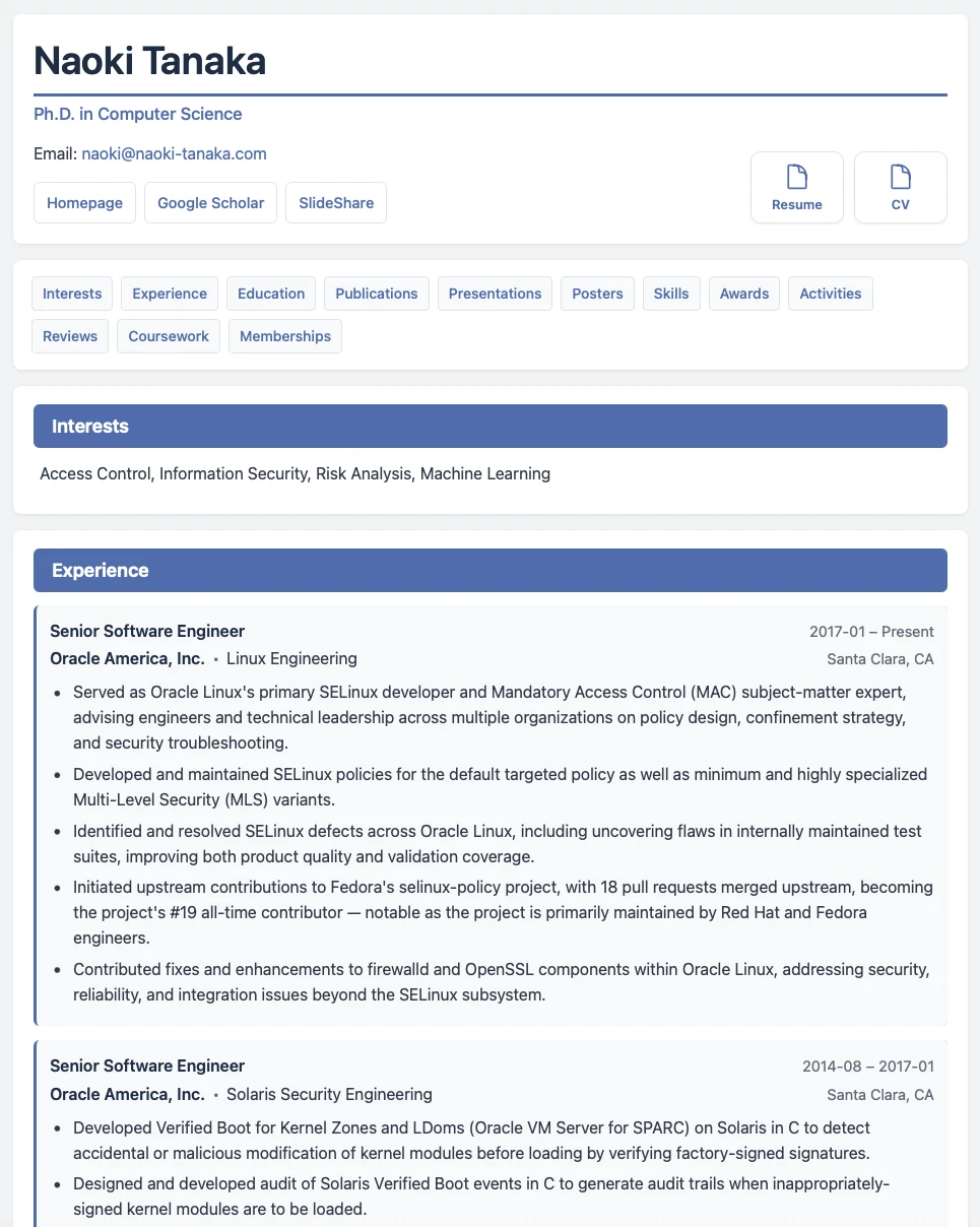 The CV site, full CV, and resume are generated from the same professional record.
